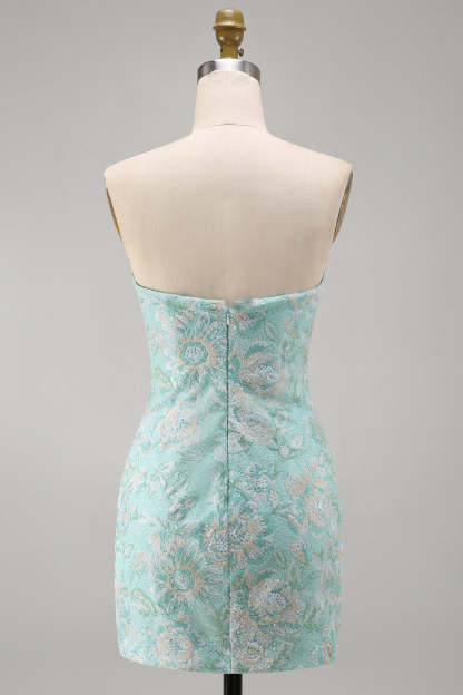 Mint Sparkly Floral Strapless Sequins Bodycon Short Homecoming Dress