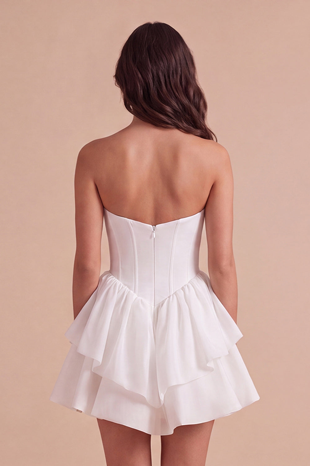 White Corset Strapless Ruffled Tiered Short Bridal Shower Dress