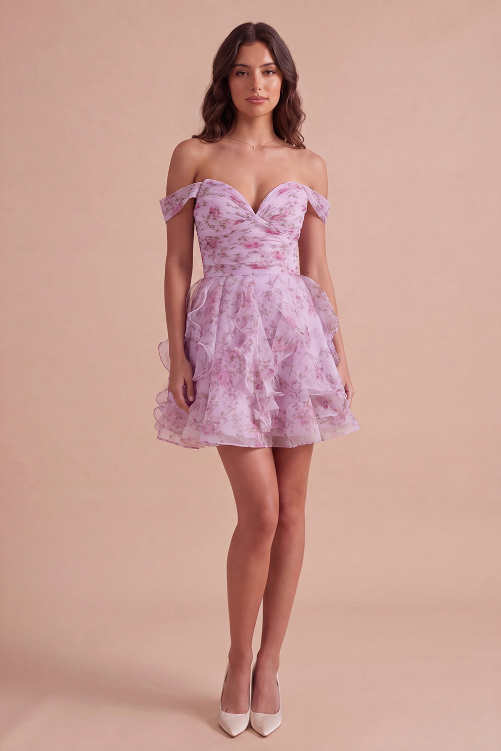 Lilac Floral Off the Shoulder Lace Up Ruffled A-Line Short Homecoming Dress