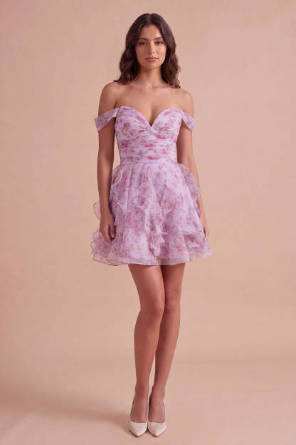 Lilac Floral Off the Shoulder Lace Up Ruffled A-Line Short Homecoming Dress