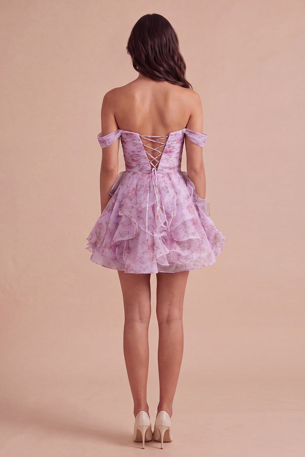 Lilac Floral Off the Shoulder Lace Up Ruffled A-Line Short Homecoming Dress