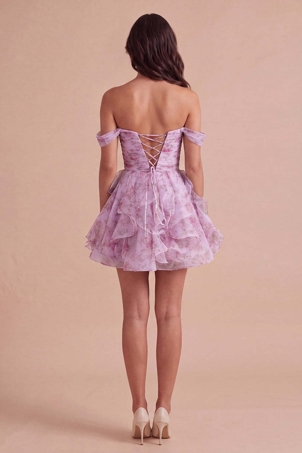 Lilac Floral Off the Shoulder Lace Up Ruffled A-Line Short Homecoming Dress