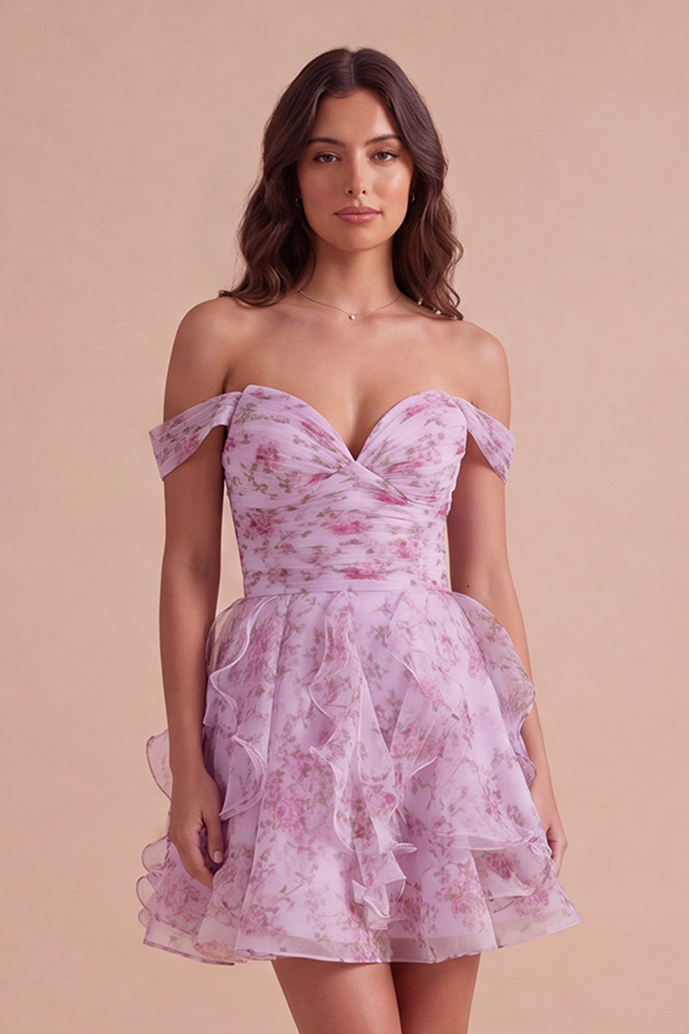 Leely Women Lilac Floral Short Homecoming Dress Off the Shoulder Lace Up A-Line Cocktail Dress with Ruffles