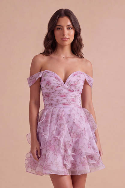 Leely Women Lilac Floral Short Homecoming Dress Off the Shoulder Lace Up A-Line Cocktail Dress with Ruffles