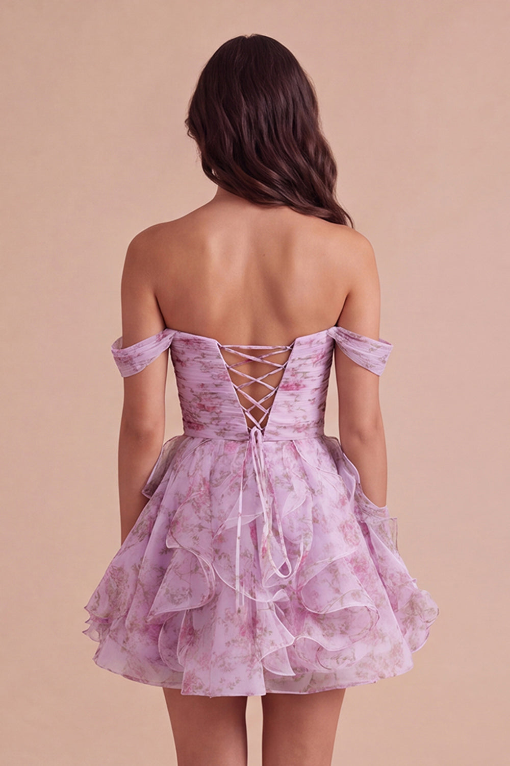 Lilac Floral Off the Shoulder Lace Up Ruffled A-Line Short Homecoming Dress