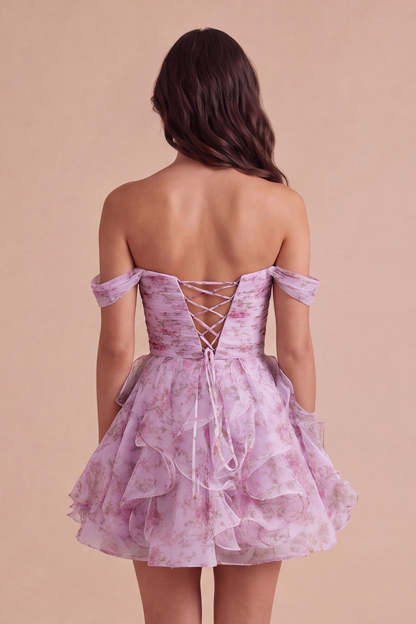 Lilac Floral Off the Shoulder Lace Up Ruffled A-Line Short Homecoming Dress