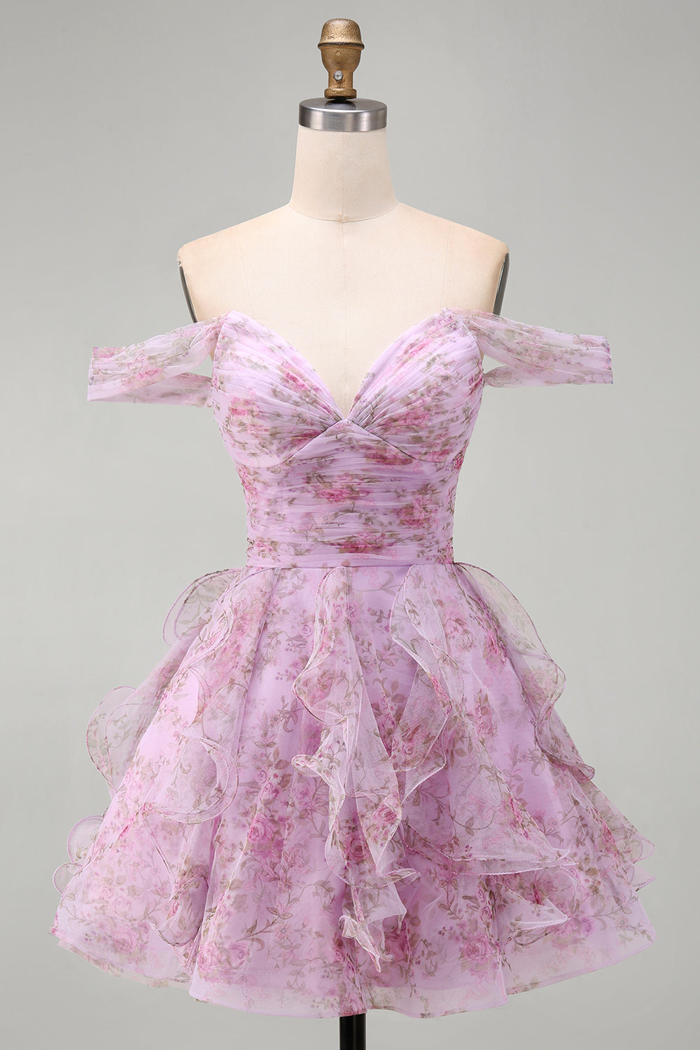 Lilac Floral Off the Shoulder Lace Up Ruffled A-Line Short Homecoming Dress