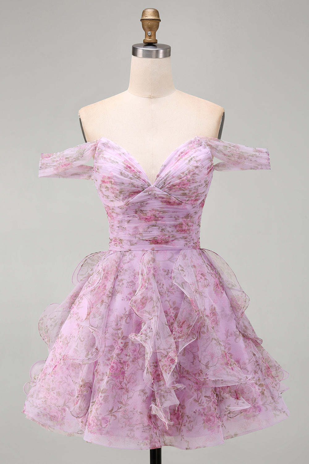Lilac Floral Off the Shoulder Lace Up Ruffled A-Line Short Homecoming Dress