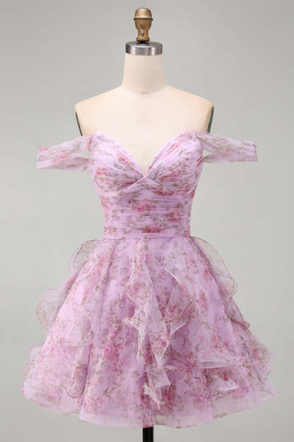 Lilac Floral Off the Shoulder Lace Up Ruffled A-Line Short Homecoming Dress