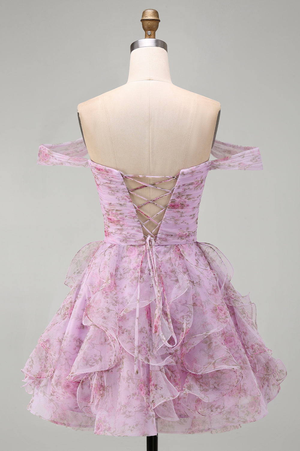 Lilac Floral Off the Shoulder Lace Up Ruffled A-Line Short Homecoming Dress