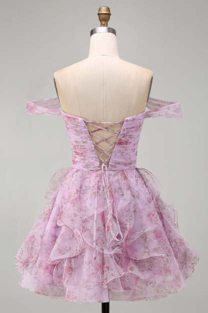 Lilac Floral Off the Shoulder Lace Up Ruffled A-Line Short Homecoming Dress