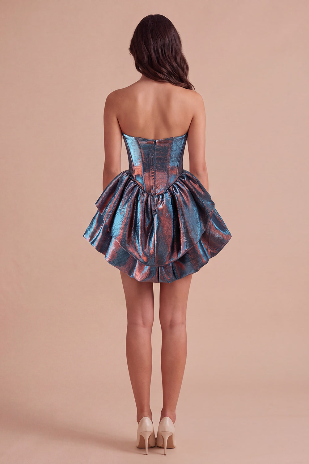 Metallic Blue Corset Ruffled Tiered A-Line Ruched Short Homecoming Dress