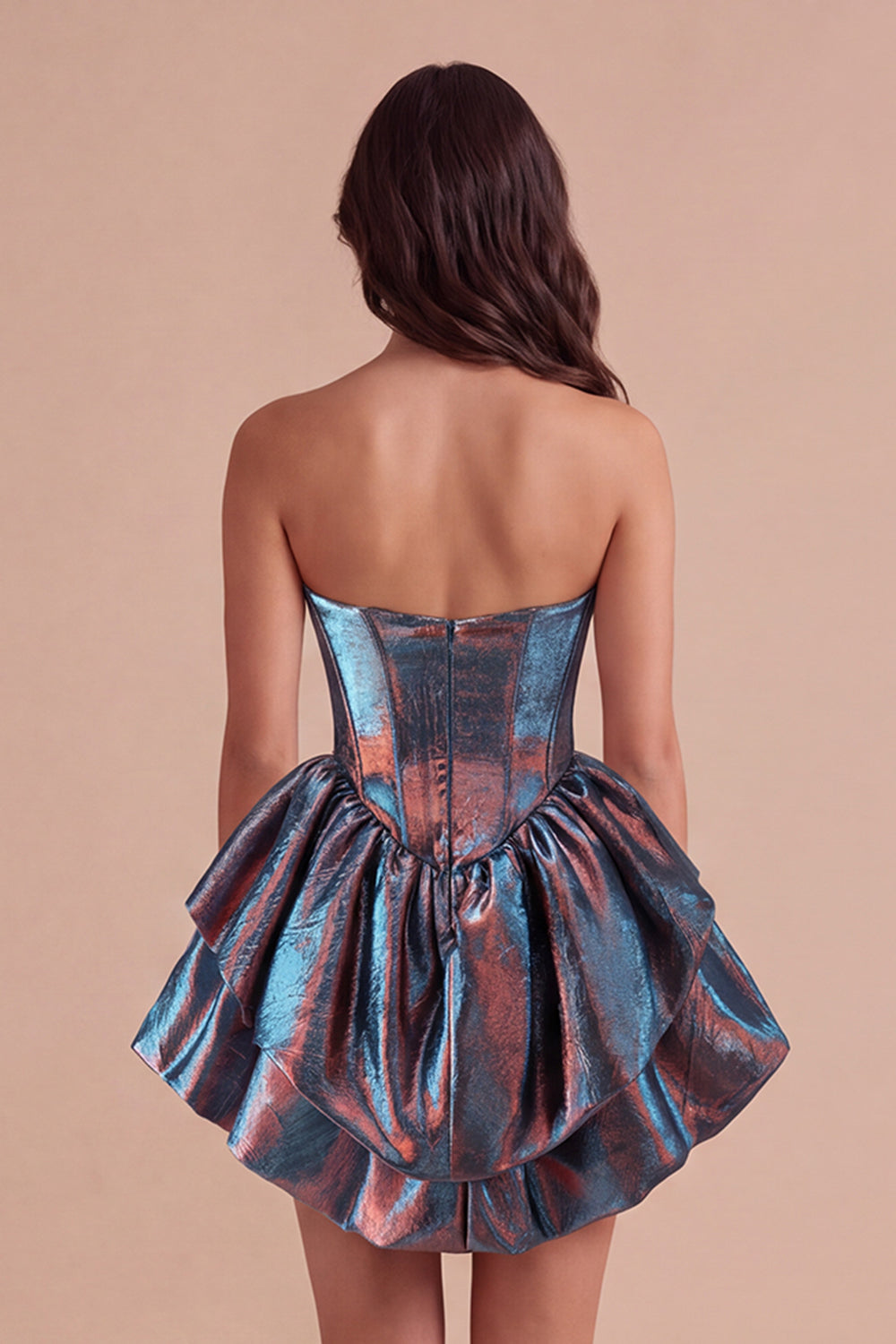 Metallic Blue Corset Ruffled Tiered A-Line Ruched Short Homecoming Dress