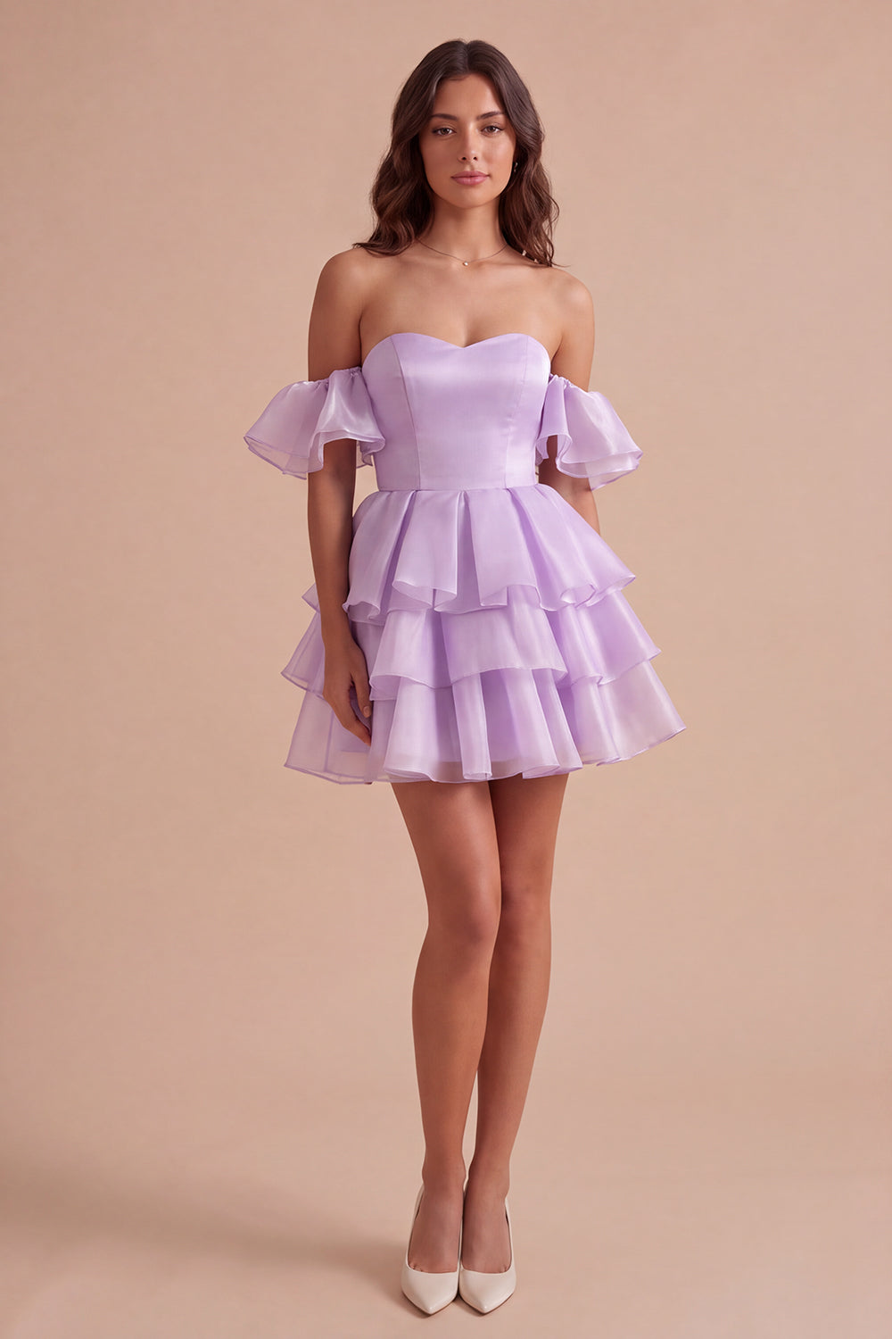 Lilac Off the Shoulder A-Line Ruffled Lace Up Short Homecoming Dress