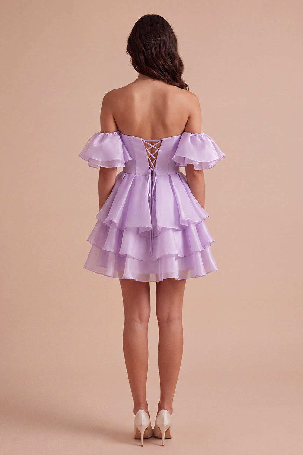 Lilac Off the Shoulder A-Line Ruffled Lace Up Short Homecoming Dress