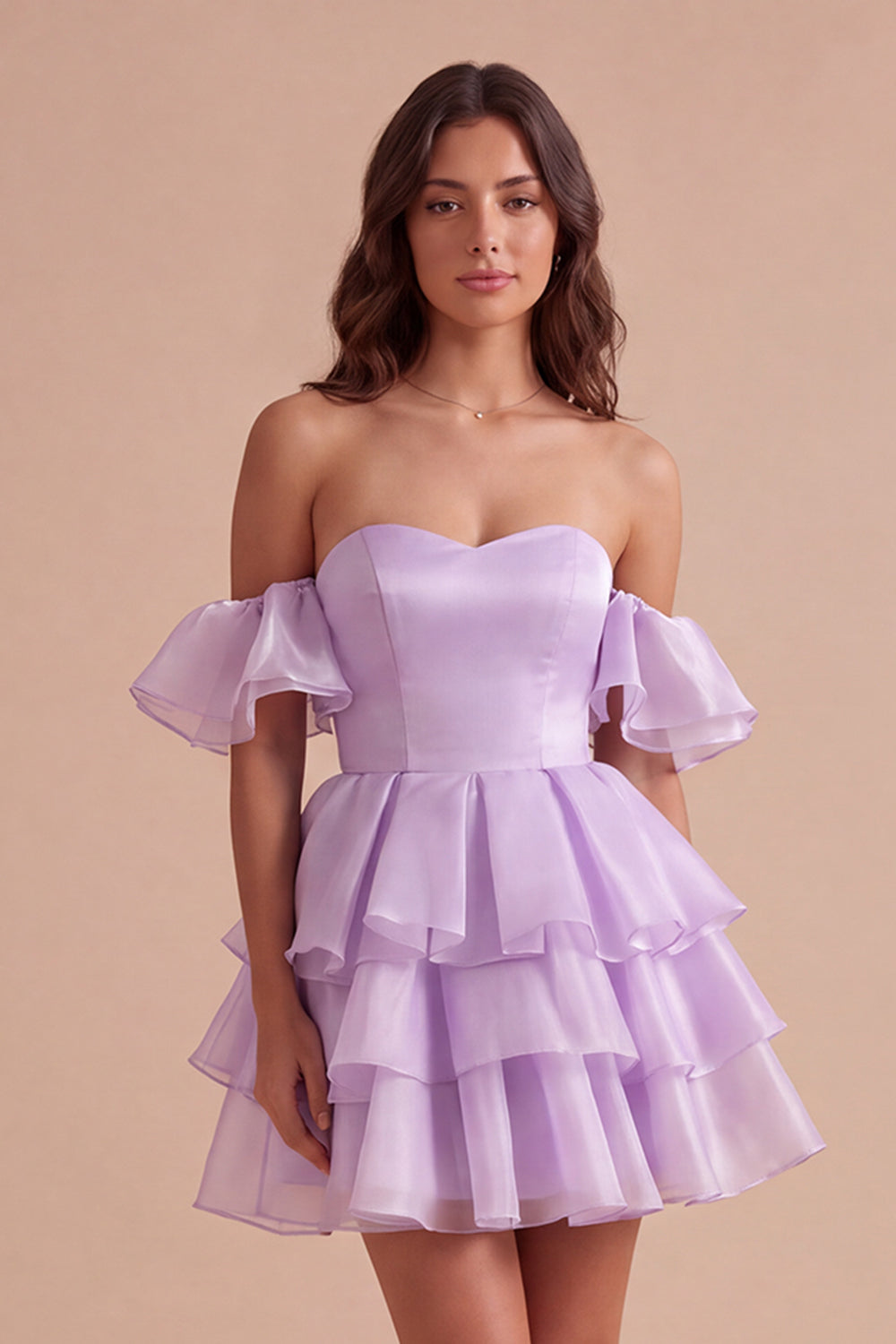 Leely Women Lilac Ruffled Tiered Short Homecoming Dress A-Line Off the Shoulder Lace Up Cocktail Dress