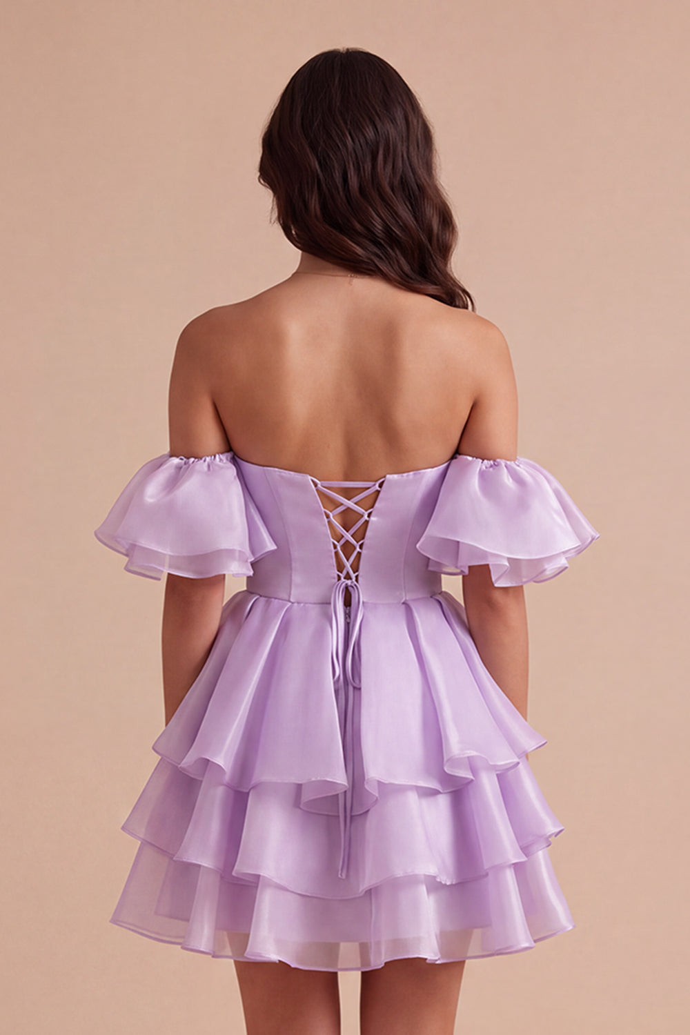 Lilac Off the Shoulder A-Line Ruffled Lace Up Short Homecoming Dress