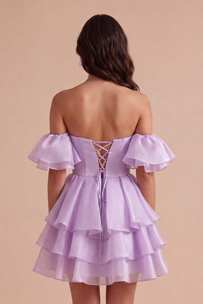 Lilac Off the Shoulder A-Line Ruffled Lace Up Short Homecoming Dress