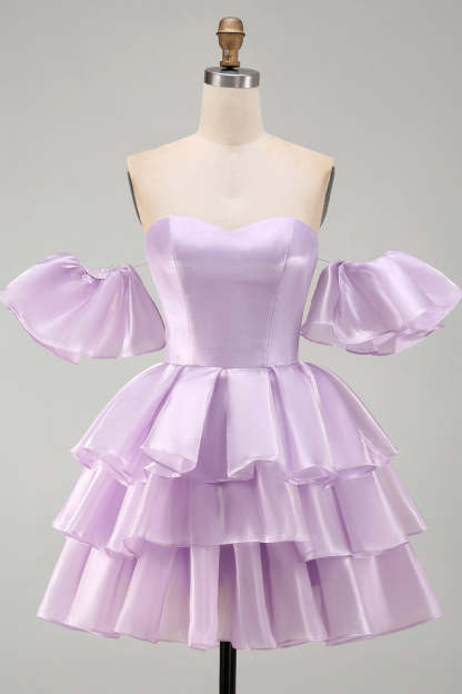 Lilac Off the Shoulder A-Line Ruffled Lace Up Short Homecoming Dress