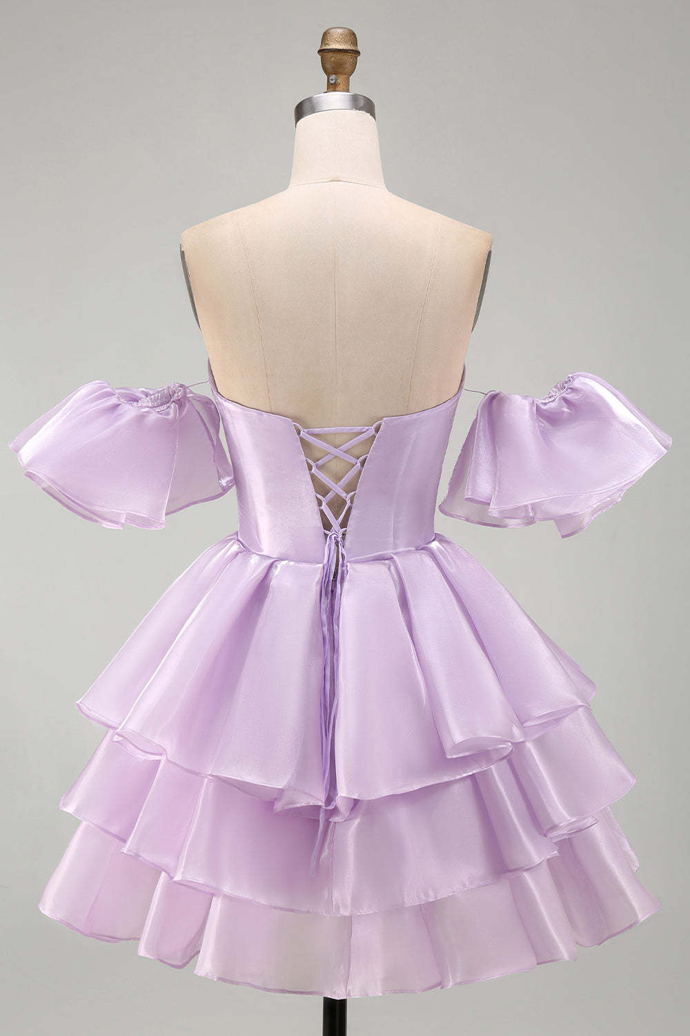 Lilac Off the Shoulder A-Line Ruffled Lace Up Short Homecoming Dress