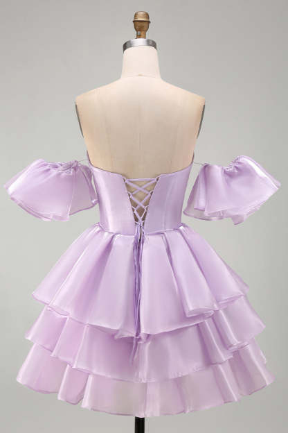Lilac Off the Shoulder A-Line Ruffled Lace Up Short Homecoming Dress