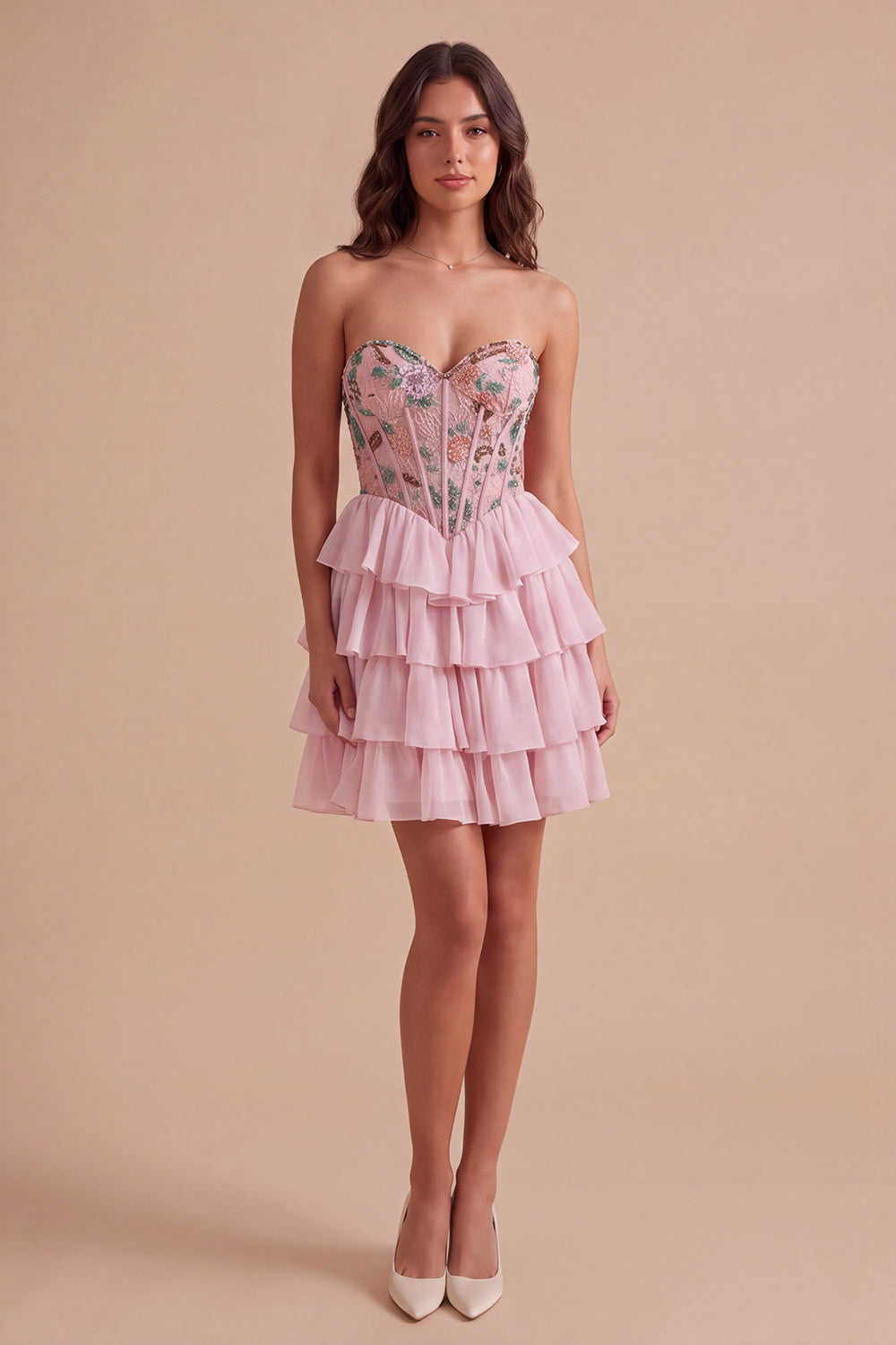 Pink Sparkly Beaded Sequins Floral Strapless Short Homecoming Dress