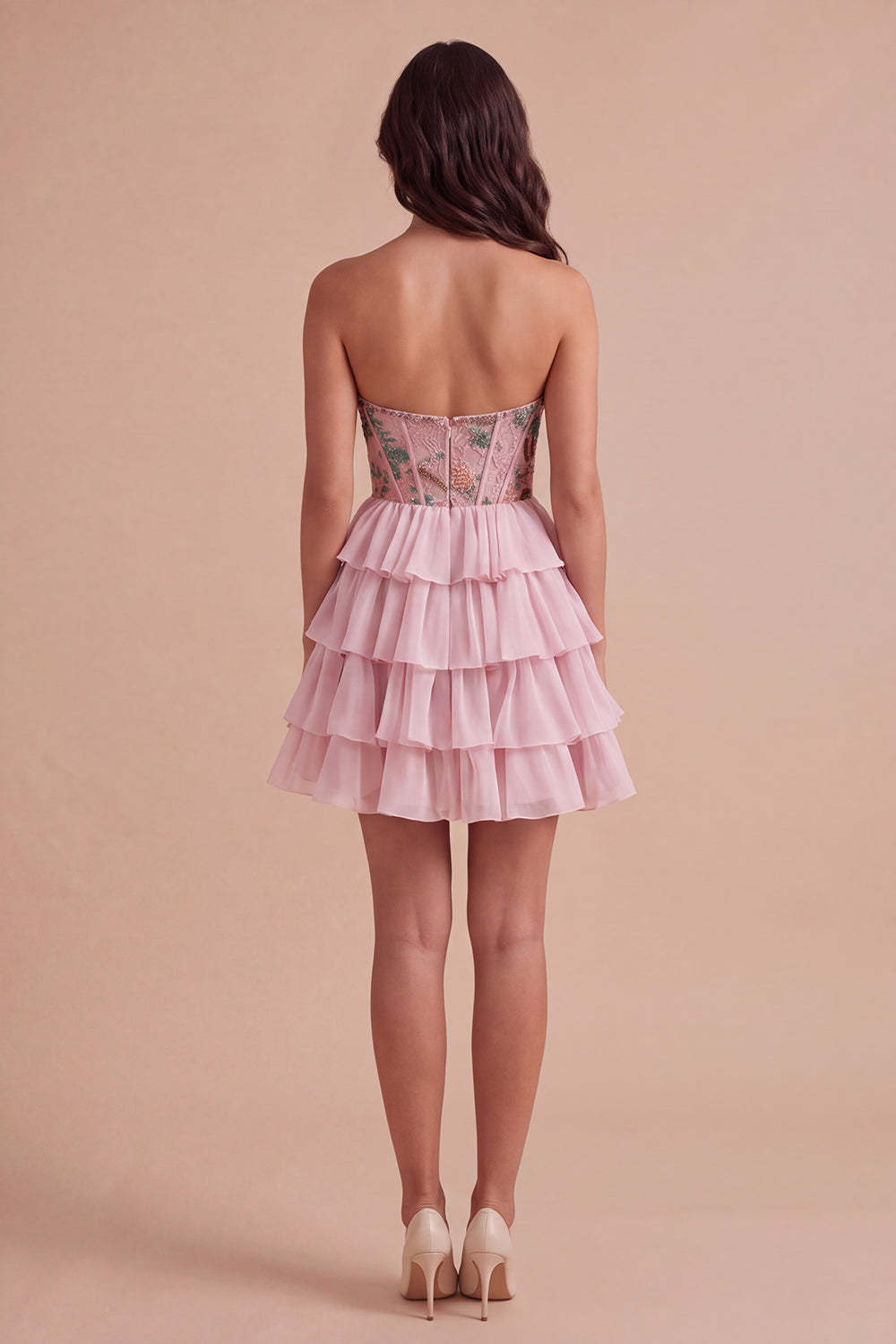 Pink Sparkly Beaded Sequins Floral Strapless Short Homecoming Dress