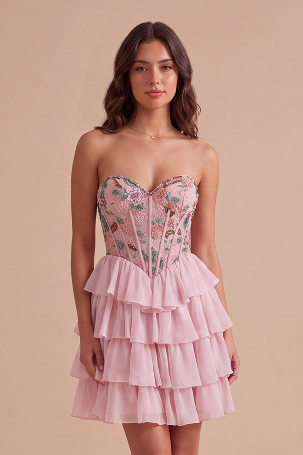 Pink Sparkly Beaded Sequins Floral Strapless Short Homecoming Dress