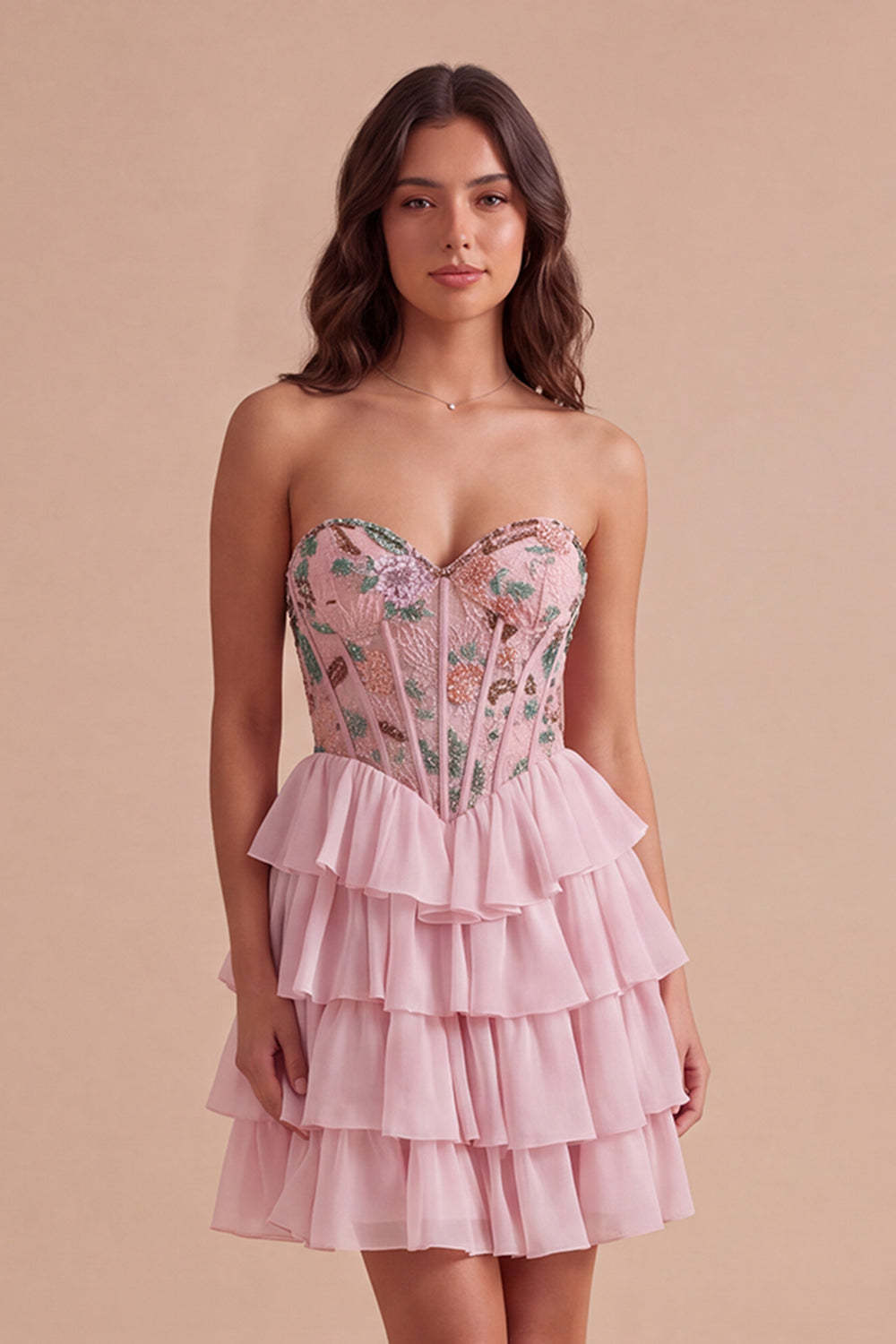 Leely Women Pink Sparkly Sequins Corset Short Homecoming Dress with Ruffles A-Line Beaded Strapless Tiered Sweetheart Cocktail Dress