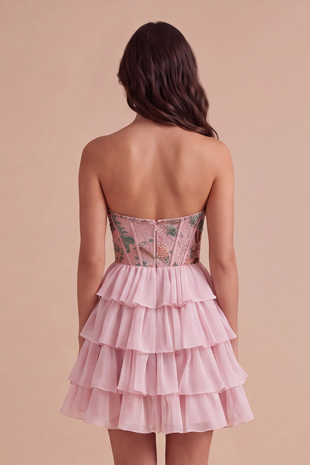 Pink Sparkly Beaded Sequins Floral Strapless Short Homecoming Dress