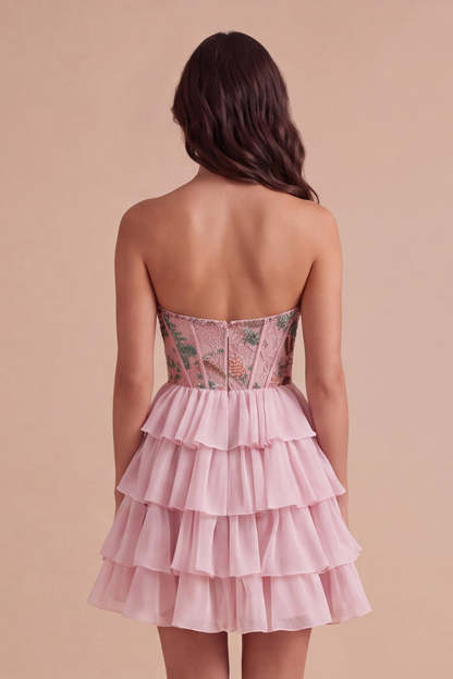 Pink Sparkly Beaded Sequins Floral Strapless Short Homecoming Dress
