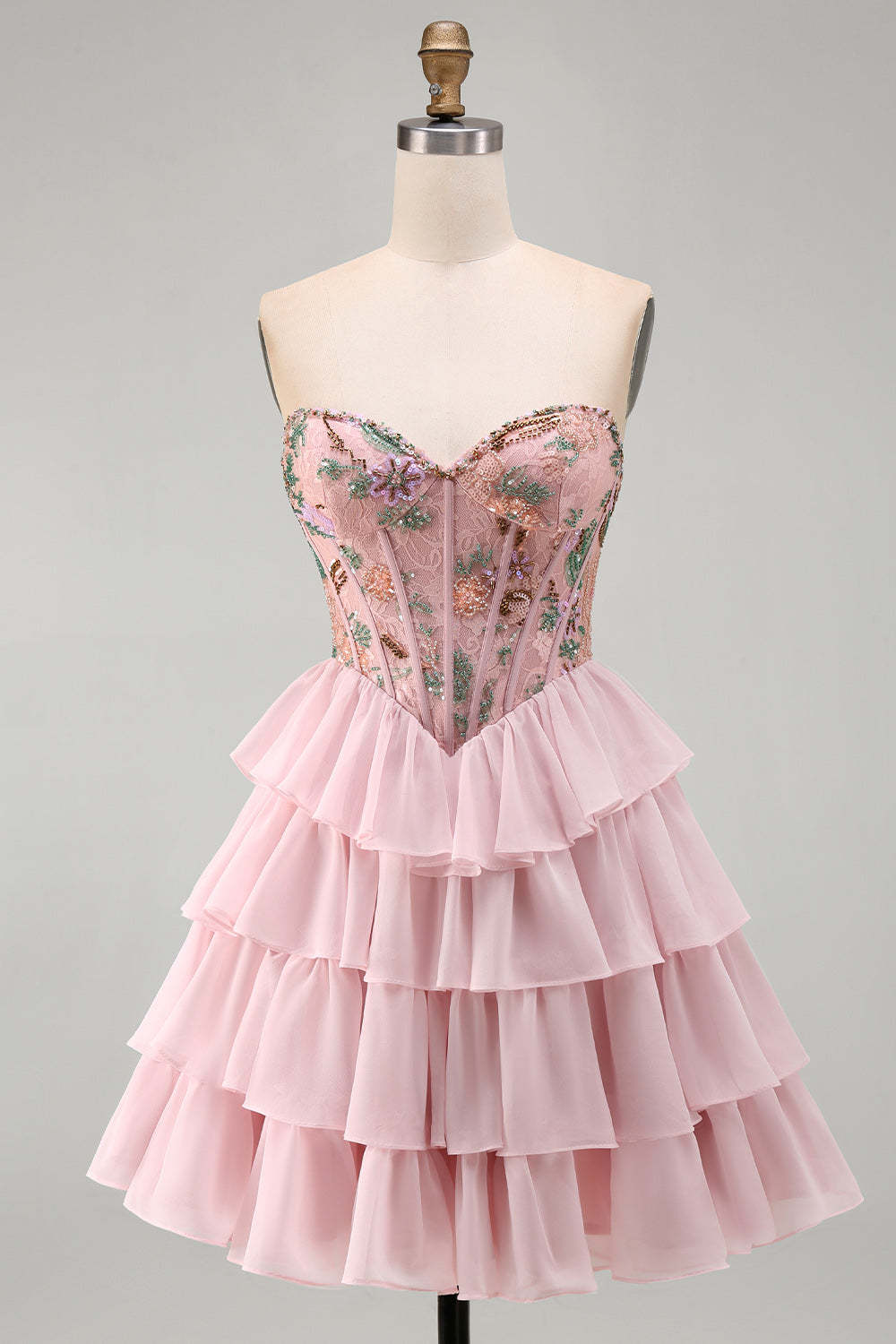 Pink Sparkly Beaded Sequins Floral Strapless Short Homecoming Dress
