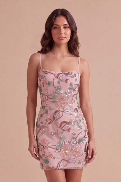 Leely Women Sparkly Pink Beaded Sequins Floral Short Homecoming Dress Bodycon Spaghetti Straps Lace Up Cocktail Dress