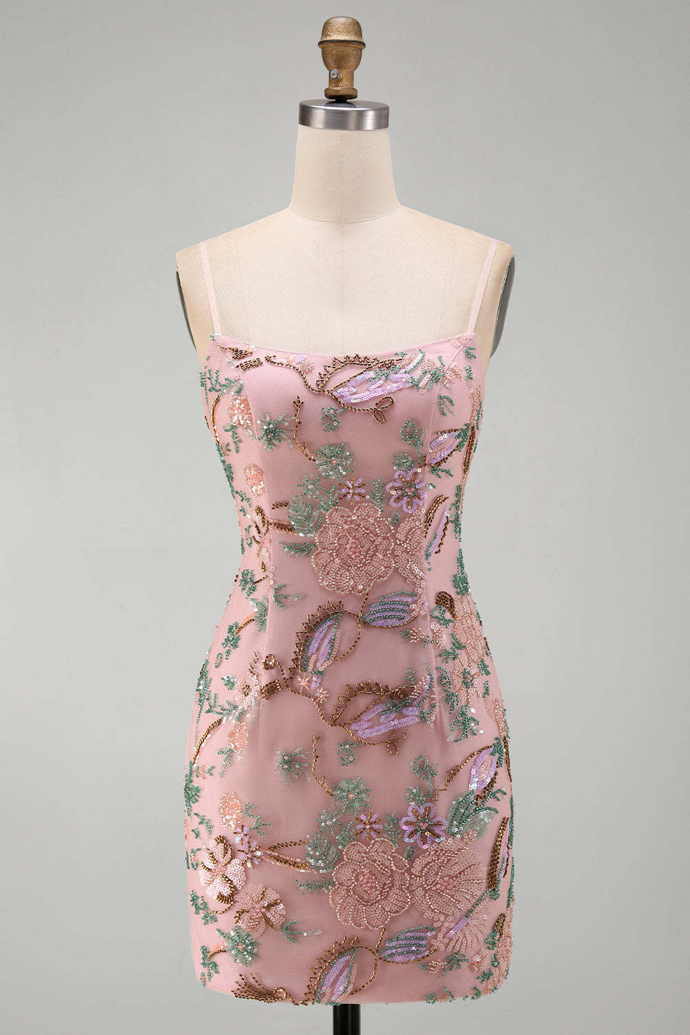 Pink Sparkly Floral Beaded Sequins Bodycon Short Homecoming Dress