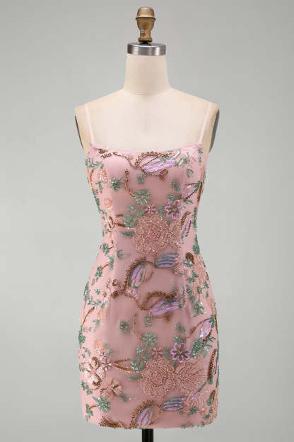 Pink Sparkly Floral Beaded Sequins Bodycon Short Homecoming Dress