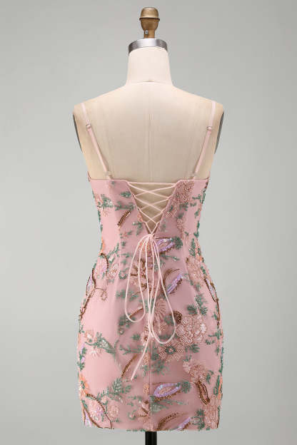 Pink Sparkly Floral Beaded Sequins Bodycon Short Homecoming Dress