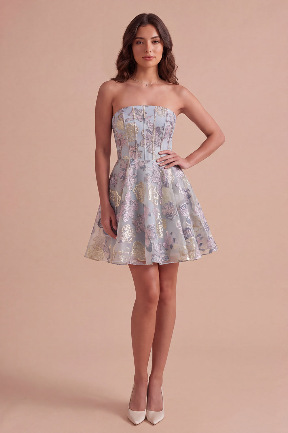 Blue Jacquard Floral Corset A-Line Strapless Short Homecoming Dress