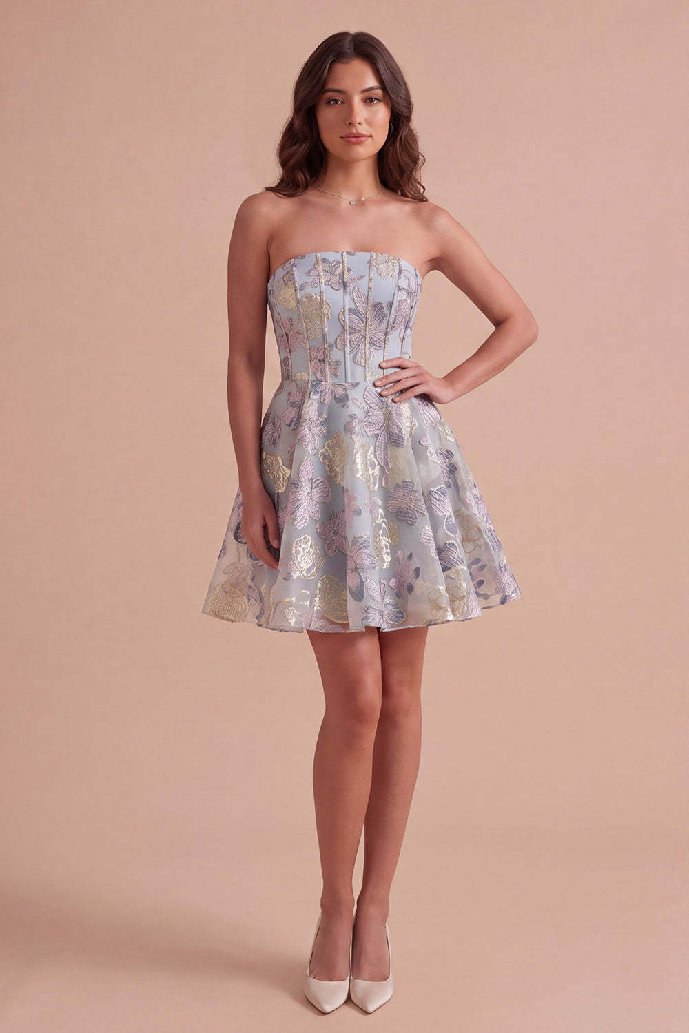 Blue Jacquard Floral Corset A-Line Strapless Short Homecoming Dress