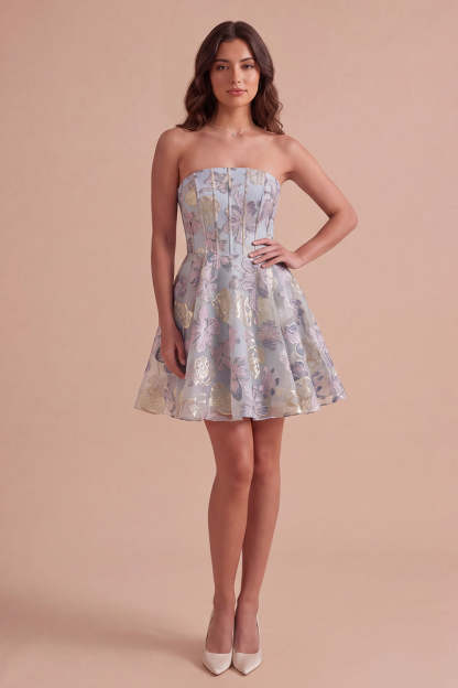 Blue Jacquard Floral Corset A-Line Strapless Short Homecoming Dress