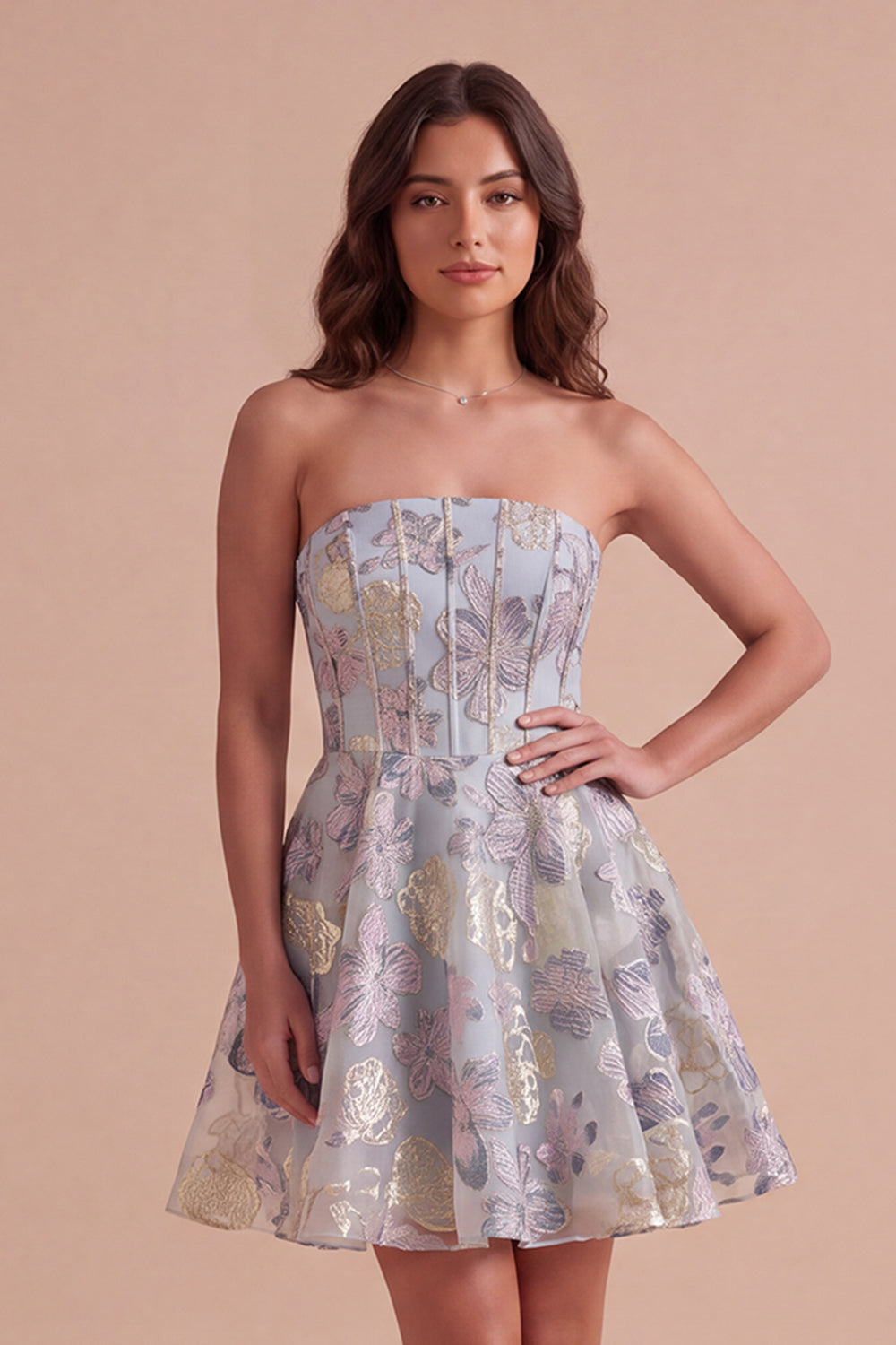Blue Jacquard Floral Corset A-Line Strapless Short Homecoming Dress