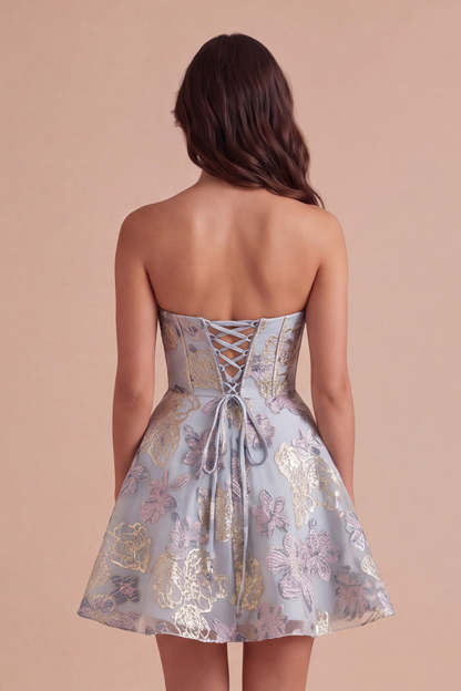 Blue Jacquard Floral Corset A-Line Strapless Short Homecoming Dress