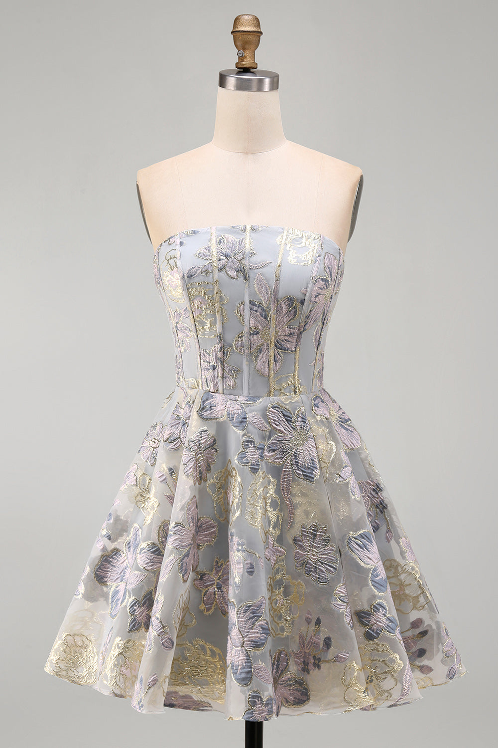 Blue Jacquard Floral Corset A-Line Strapless Short Homecoming Dress