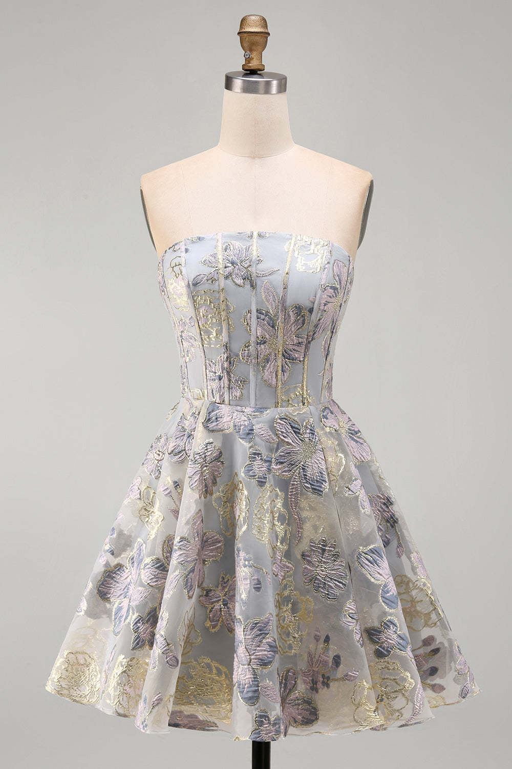 Blue Jacquard Floral Corset A-Line Strapless Short Homecoming Dress