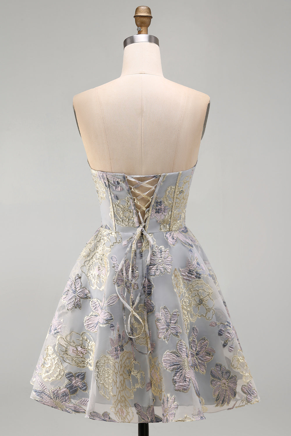 Blue Jacquard Floral Corset A-Line Strapless Short Homecoming Dress