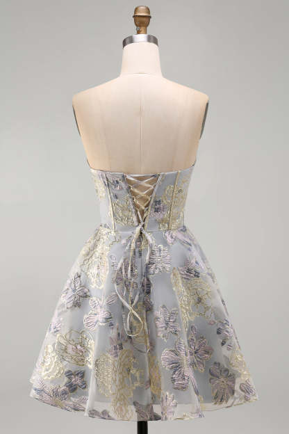 Blue Jacquard Floral Corset A-Line Strapless Short Homecoming Dress
