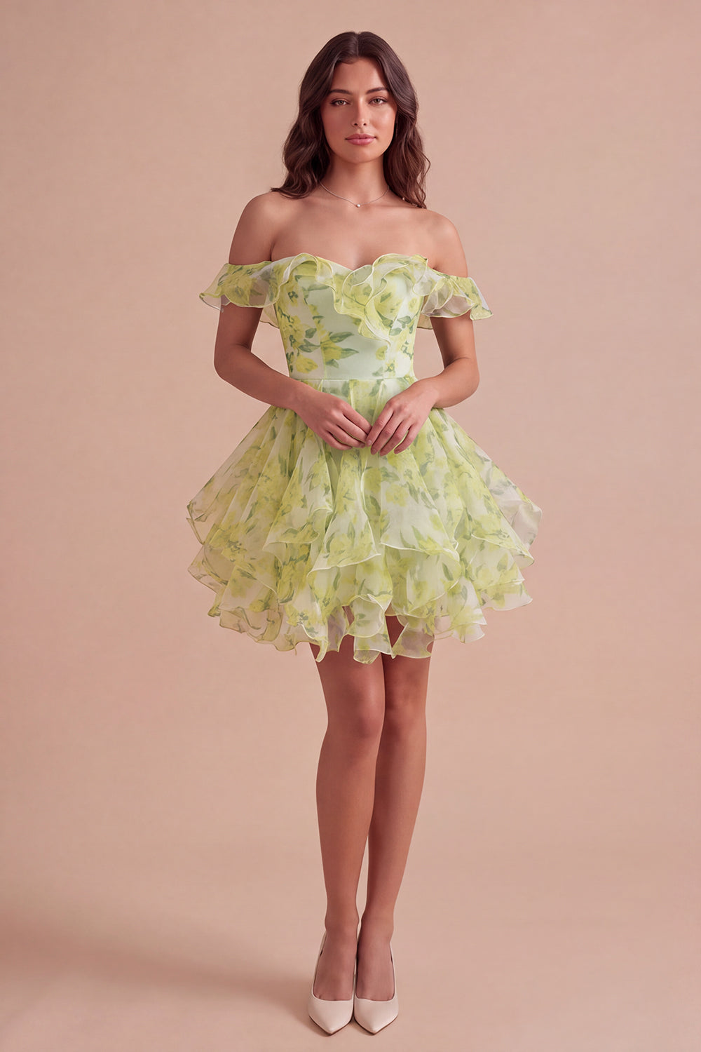 Yellow Green Floral Corset Off the Shoulder Ruffled Short Homecoming Dress