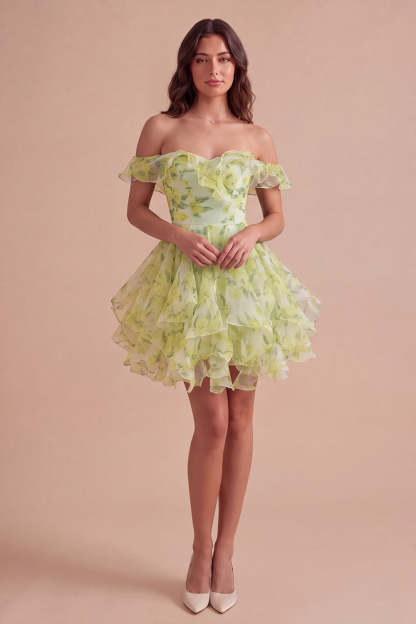 Yellow Green Floral Corset Off the Shoulder Ruffled Short Homecoming Dress