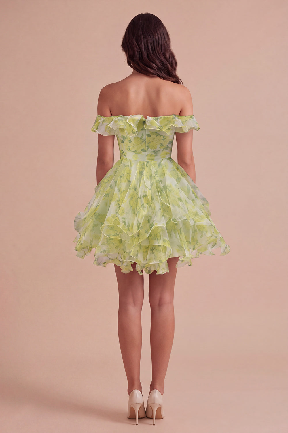 Yellow Green Floral Corset Off the Shoulder Ruffled Short Homecoming Dress