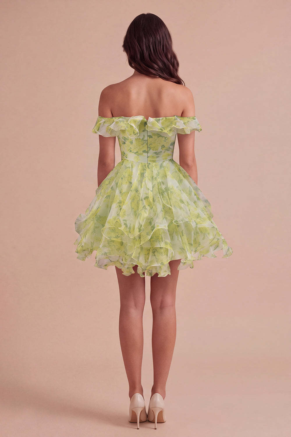 Yellow Green Floral Corset Off the Shoulder Ruffled Short Homecoming Dress