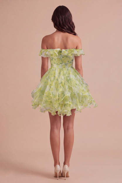 Yellow Green Floral Corset Off the Shoulder Ruffled Short Homecoming Dress